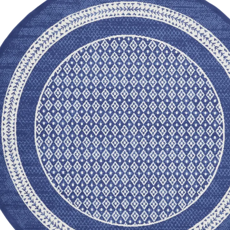 5' Ivory and Navy Blue Geometric Distressed Round Rug