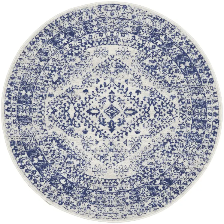 5' Ivory and Navy Blue Geometric Distressed Round Rug