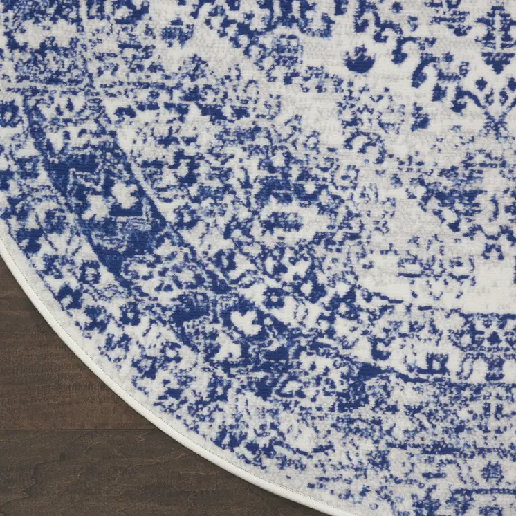 5' Ivory and Navy Blue Geometric Distressed Round Rug