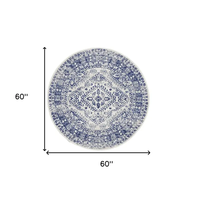 5' Ivory and Navy Blue Geometric Distressed Round Rug