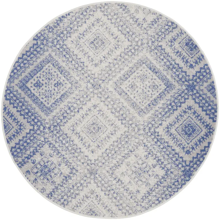 5' Ivory and Blue Geometric Distressed Round Rug
