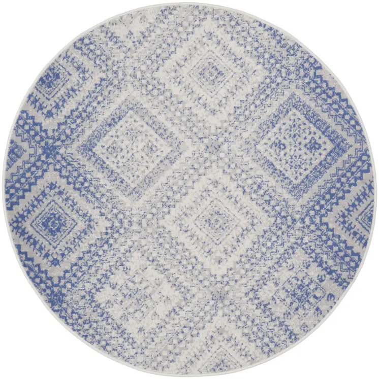 5' Ivory and Blue Geometric Distressed Round Rug