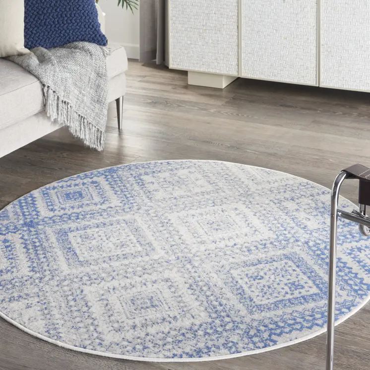 5' Ivory and Blue Geometric Distressed Round Rug