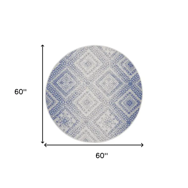 5' Ivory and Blue Geometric Distressed Round Rug