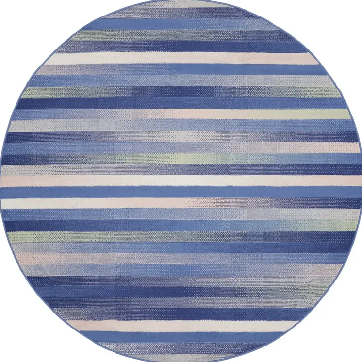 5' Ivory Tan and Blue Striped Round Rug
