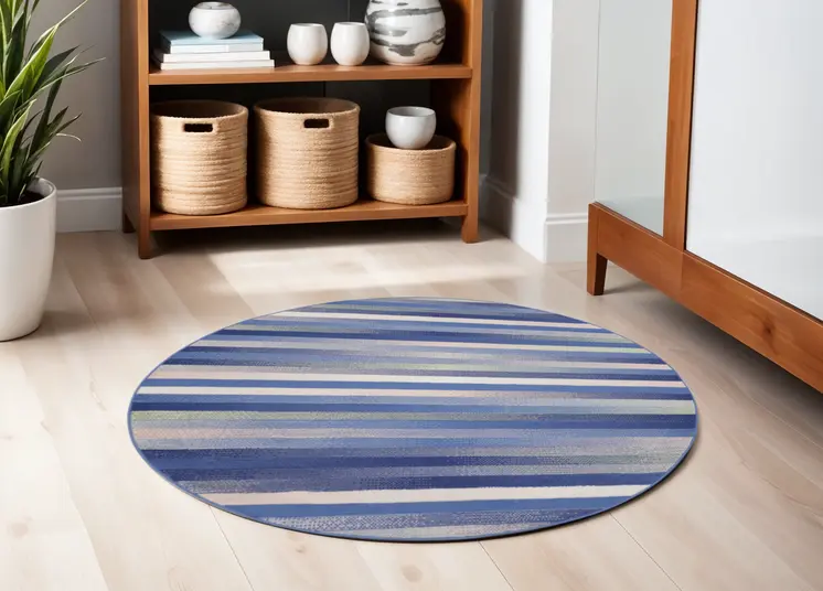5' Ivory Tan and Blue Striped Round Rug