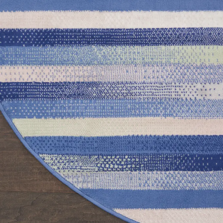 5' Ivory Tan and Blue Striped Round Rug