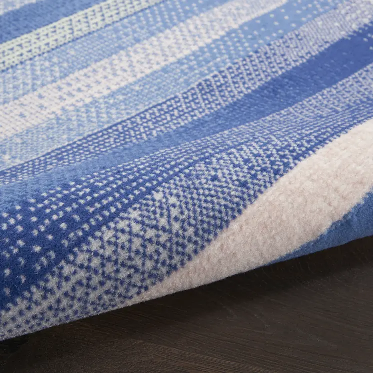 5' Ivory Tan and Blue Striped Round Rug