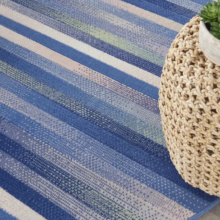 5' Ivory Tan and Blue Striped Round Rug