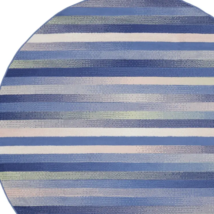 5' Ivory Tan and Blue Striped Round Rug