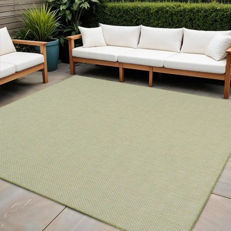 5' Ivory And Green Square Geometric Indoor Outdoor Area Rug