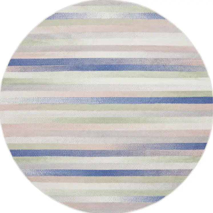 5' Ivory Tan and Blue Striped Round Rug