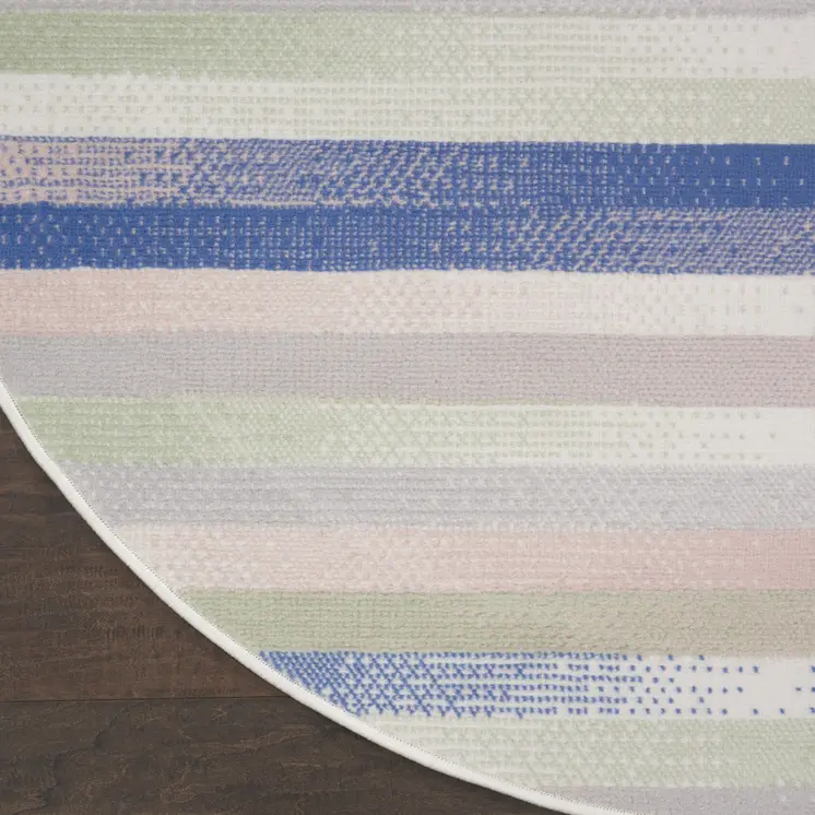 5' Ivory Tan and Blue Striped Round Rug