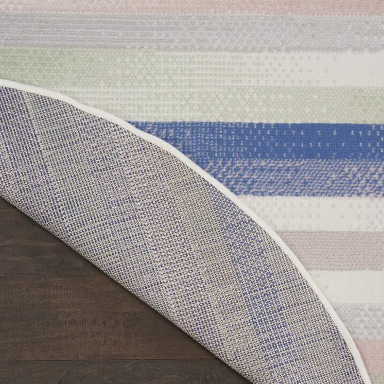 5' Ivory Tan and Blue Striped Round Rug
