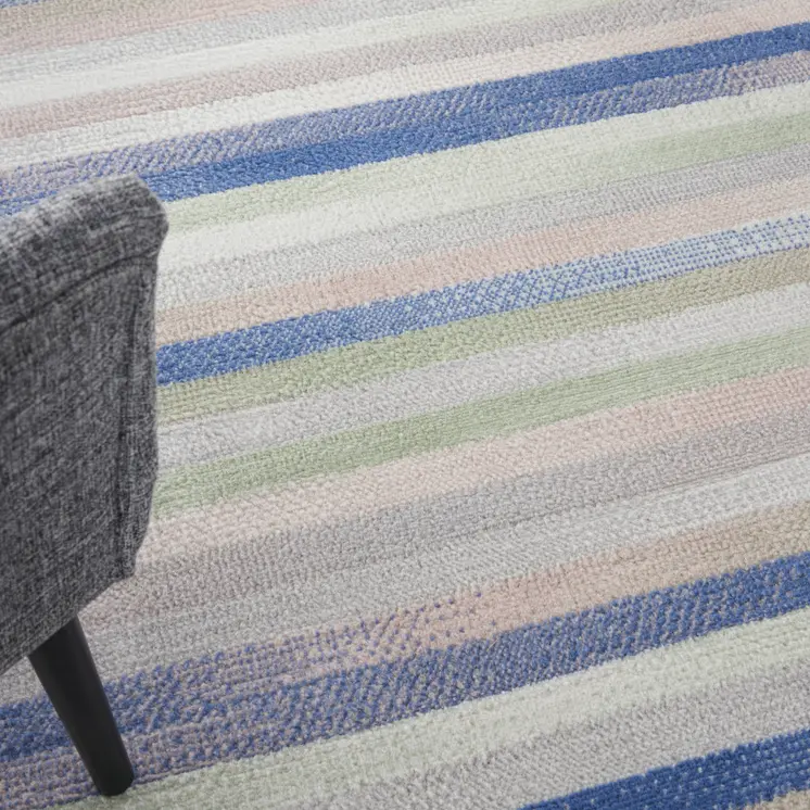 5' Ivory Tan and Blue Striped Round Rug