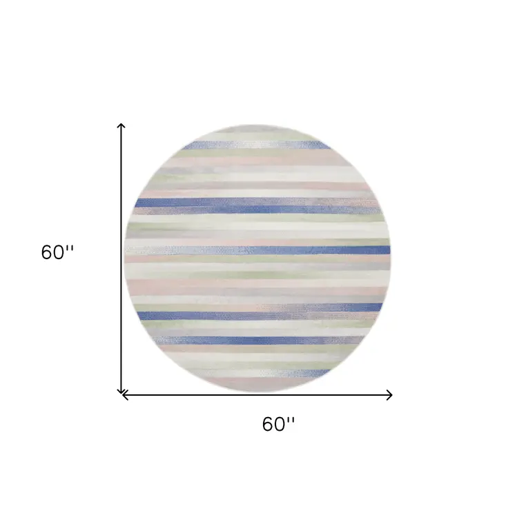 5' Ivory Tan and Blue Striped Round Rug