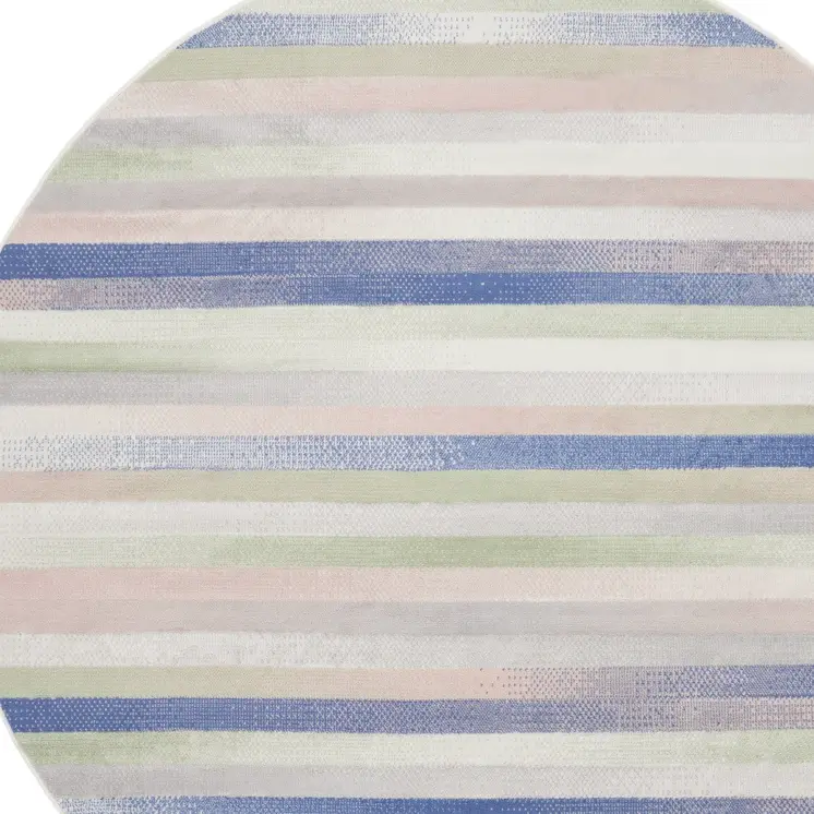 5' Ivory Tan and Blue Striped Round Rug