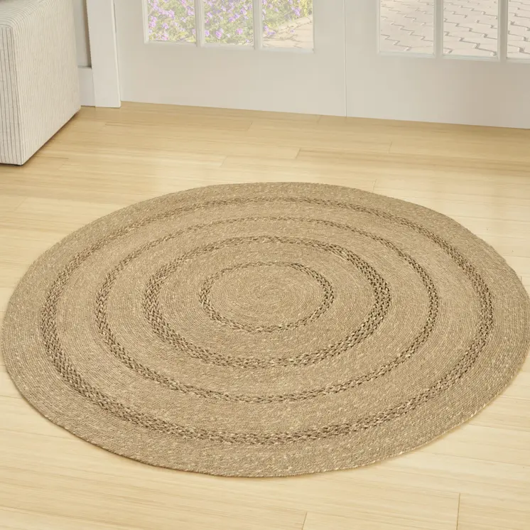5' Natural And Brown Round Handmade Indoor Outdoor Area Rug