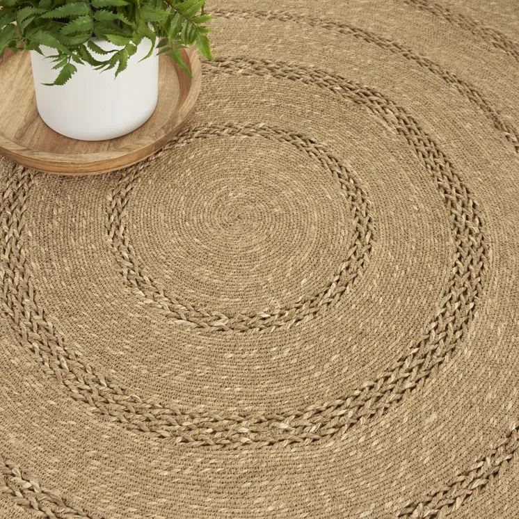 5' Natural And Brown Round Handmade Indoor Outdoor Area Rug