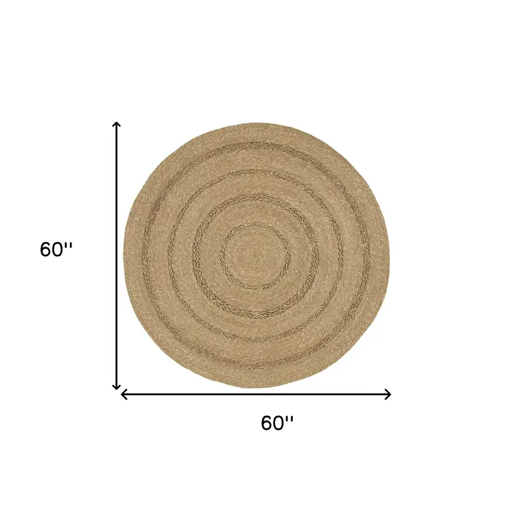 5' Natural And Brown Round Handmade Indoor Outdoor Area Rug