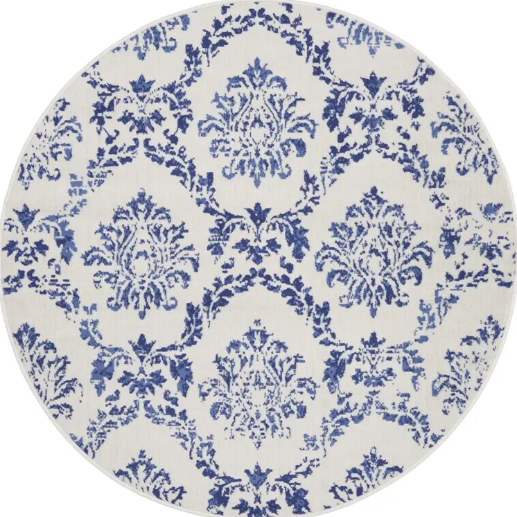 5' Ivory and Navy Blue Damask Distressed Round Rug