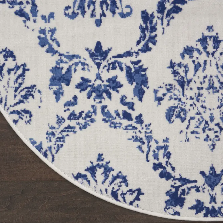 5' Ivory and Navy Blue Damask Distressed Round Rug