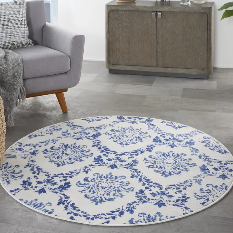 5' Ivory and Navy Blue Damask Distressed Round Rug