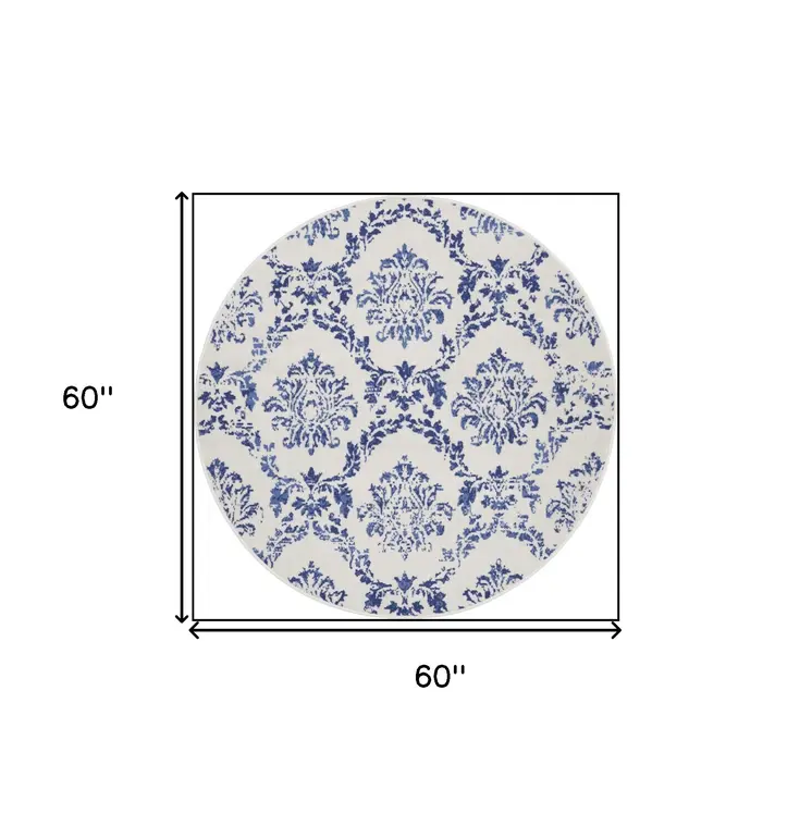 5' Ivory and Navy Blue Damask Distressed Round Rug