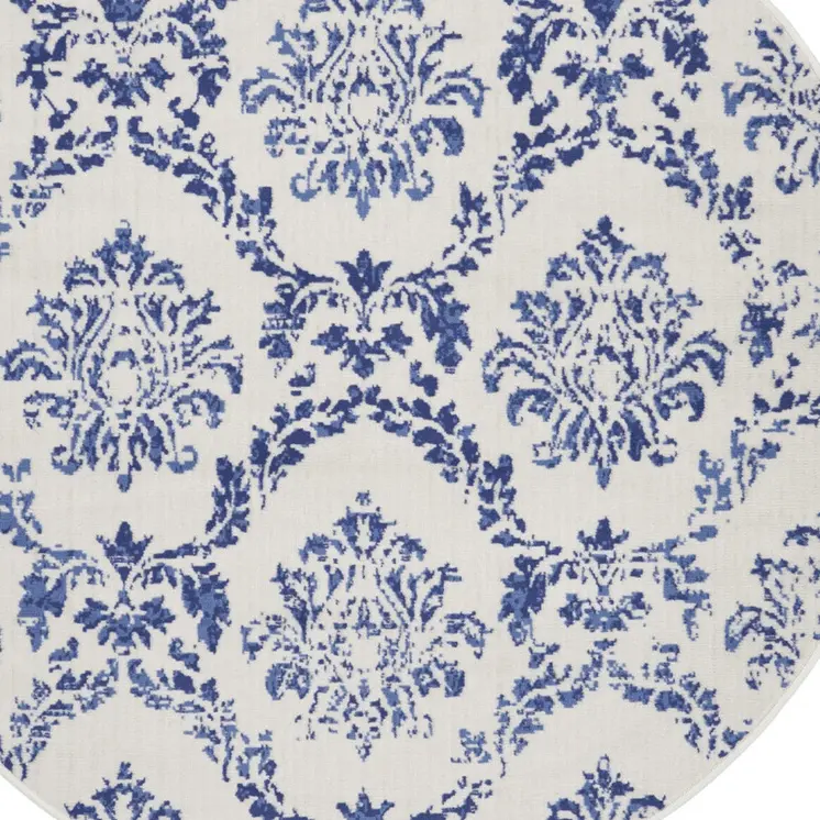 5' Ivory and Navy Blue Damask Distressed Round Rug