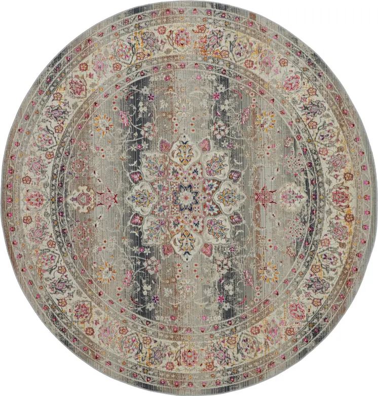 4' Ivory Brown And Gray Floral Distressed Round Rug