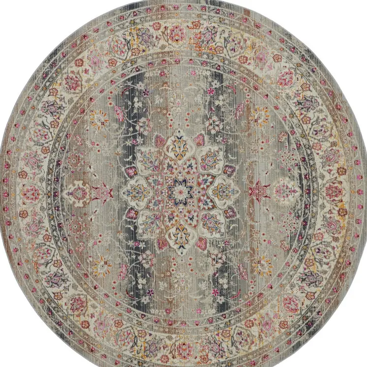 4' Ivory Brown And Gray Floral Distressed Round Rug