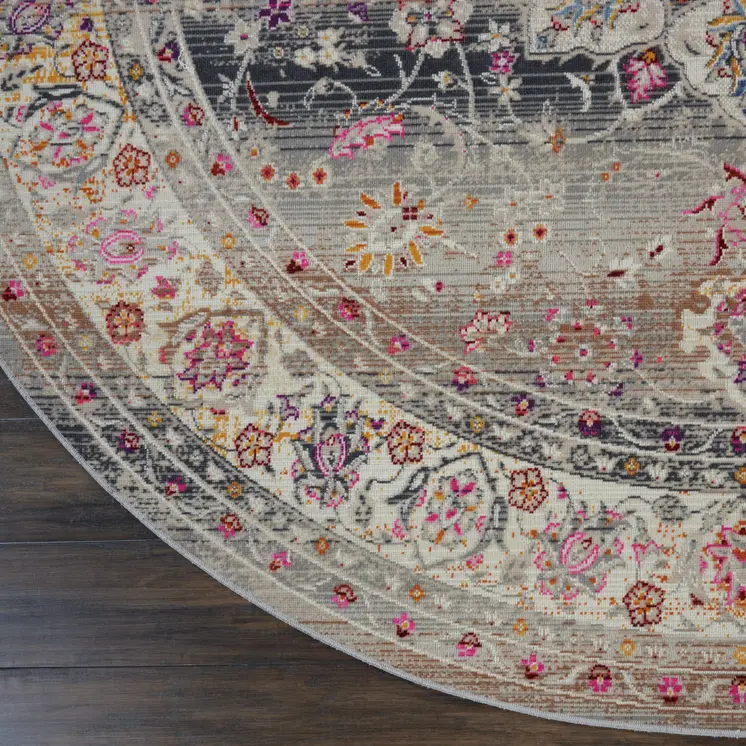 4' Ivory Brown And Gray Floral Distressed Round Rug