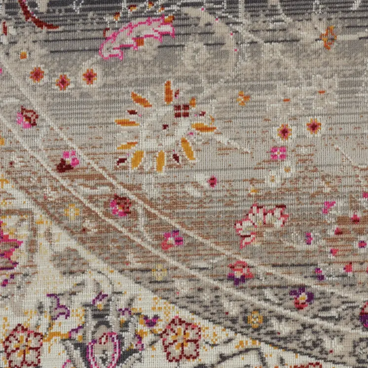 4' Ivory Brown And Gray Floral Distressed Round Rug