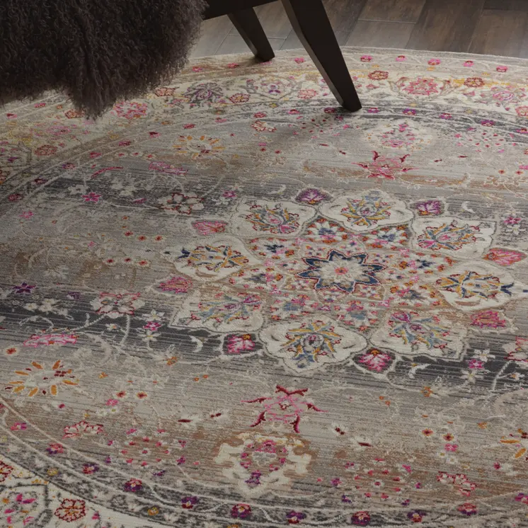 4' Ivory Brown And Gray Floral Distressed Round Rug