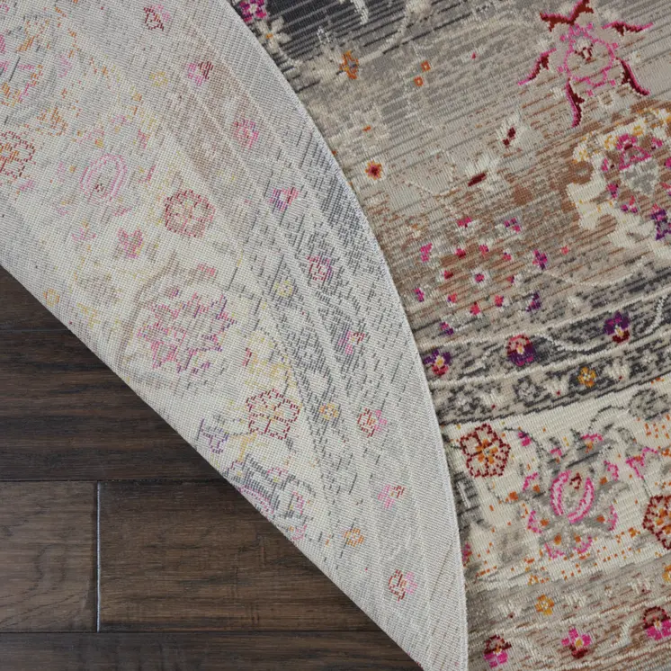 4' Ivory Brown And Gray Floral Distressed Round Rug