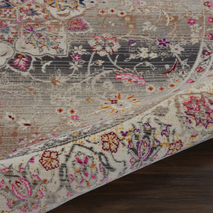 4' Ivory Brown And Gray Floral Distressed Round Rug