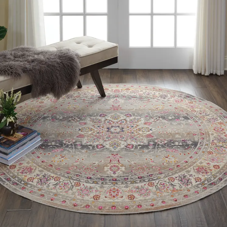 4' Ivory Brown And Gray Floral Distressed Round Rug