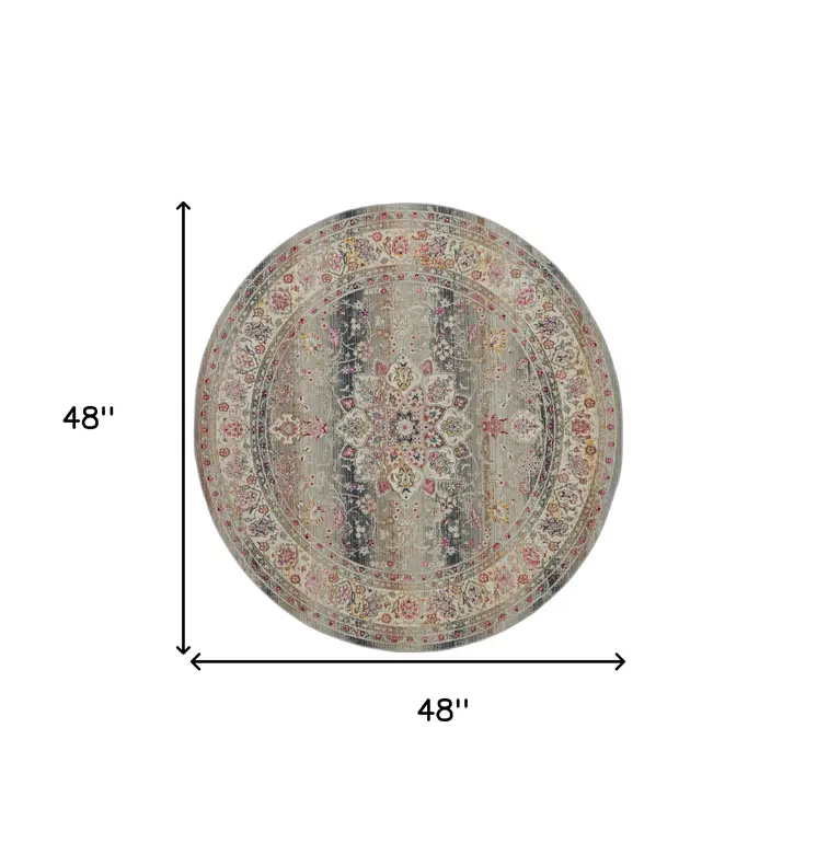 4' Ivory Brown And Gray Floral Distressed Round Rug