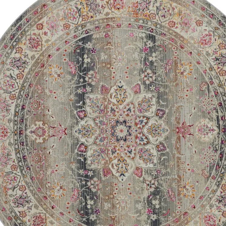 4' Ivory Brown And Gray Floral Distressed Round Rug