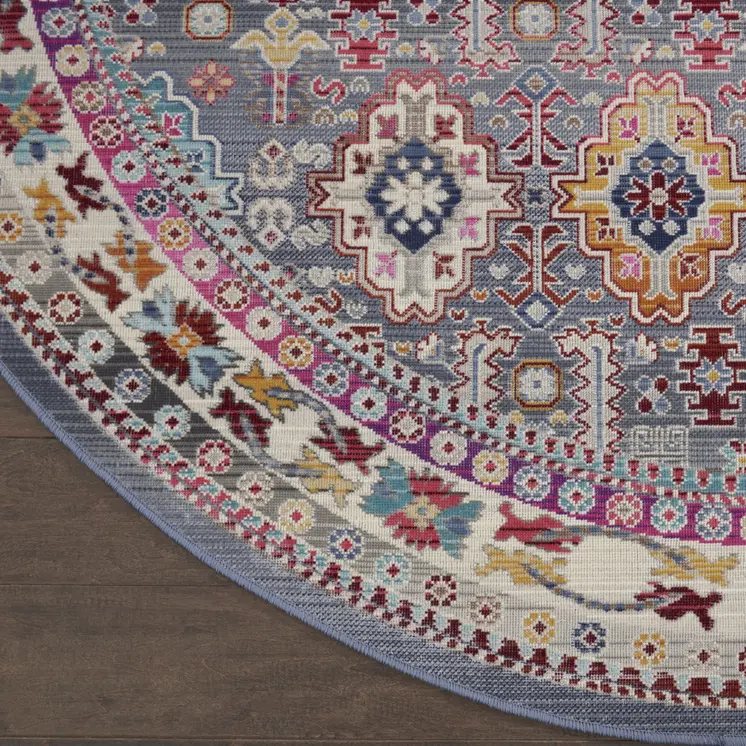4' Ivory Pink And Gray Floral Distressed Round Rug