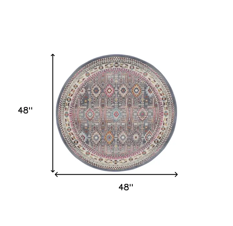 4' Ivory Pink And Gray Floral Distressed Round Rug