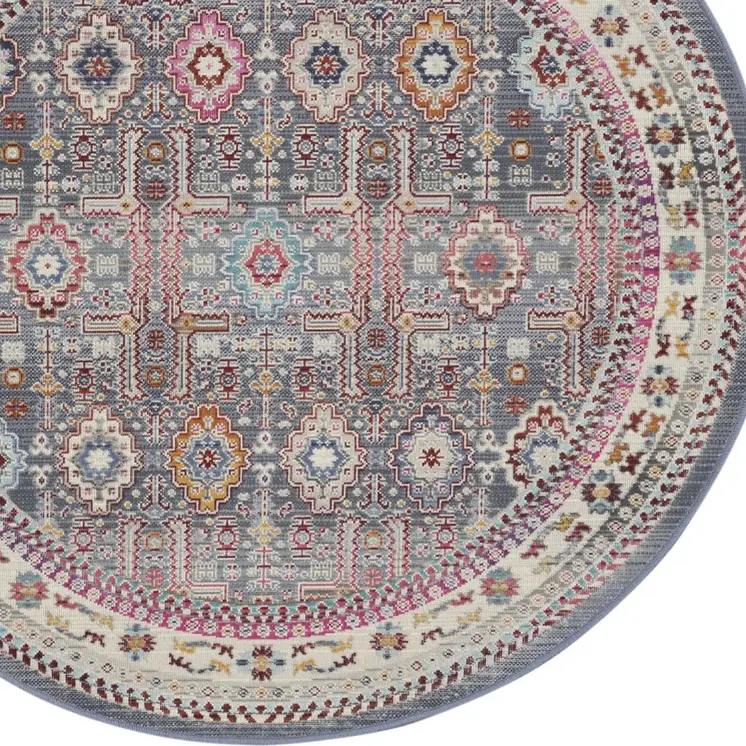 4' Ivory Pink And Gray Floral Distressed Round Rug