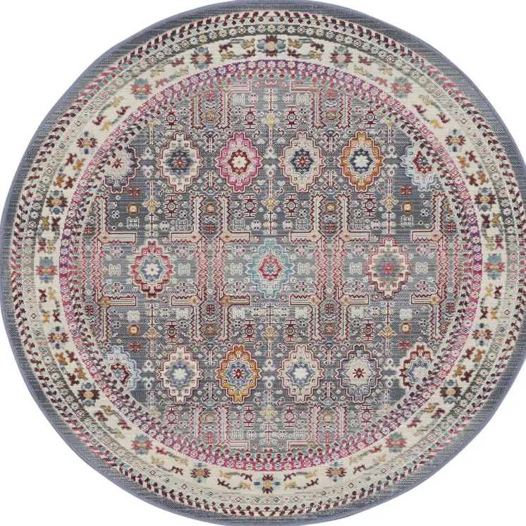 4' Ivory Pink And Gray Floral Distressed Round Rug