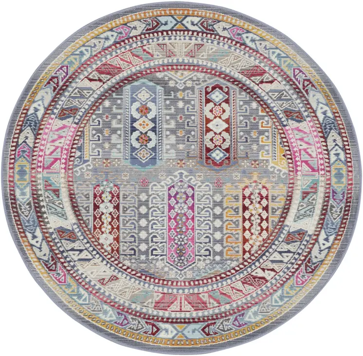 4' Ivory Gray And Red Floral Distressed Round Rug