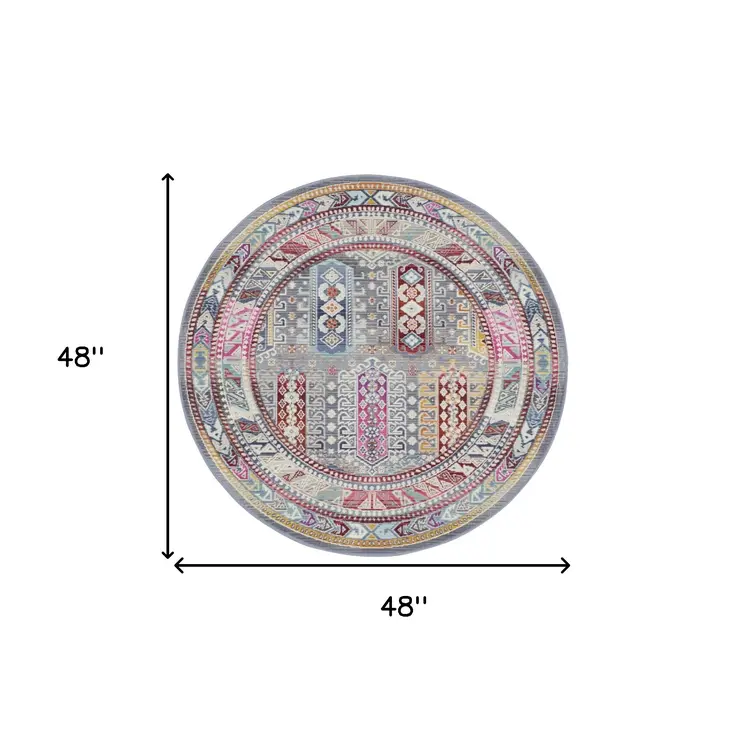 4' Ivory Gray And Red Floral Distressed Round Rug