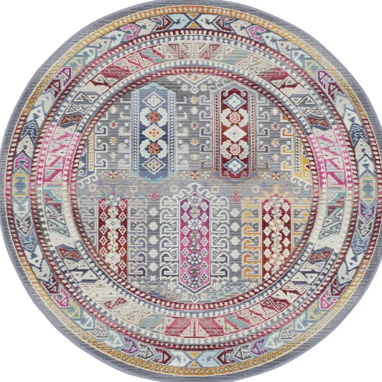 4' Ivory Gray And Red Floral Distressed Round Rug