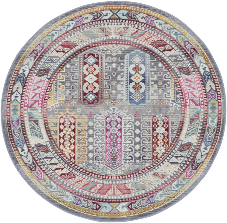 4' Ivory Gray And Red Floral Distressed Round Rug