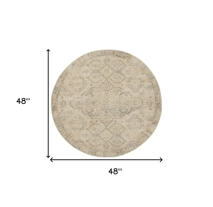4' Beige And Gray Oriental Distressed Round Rug