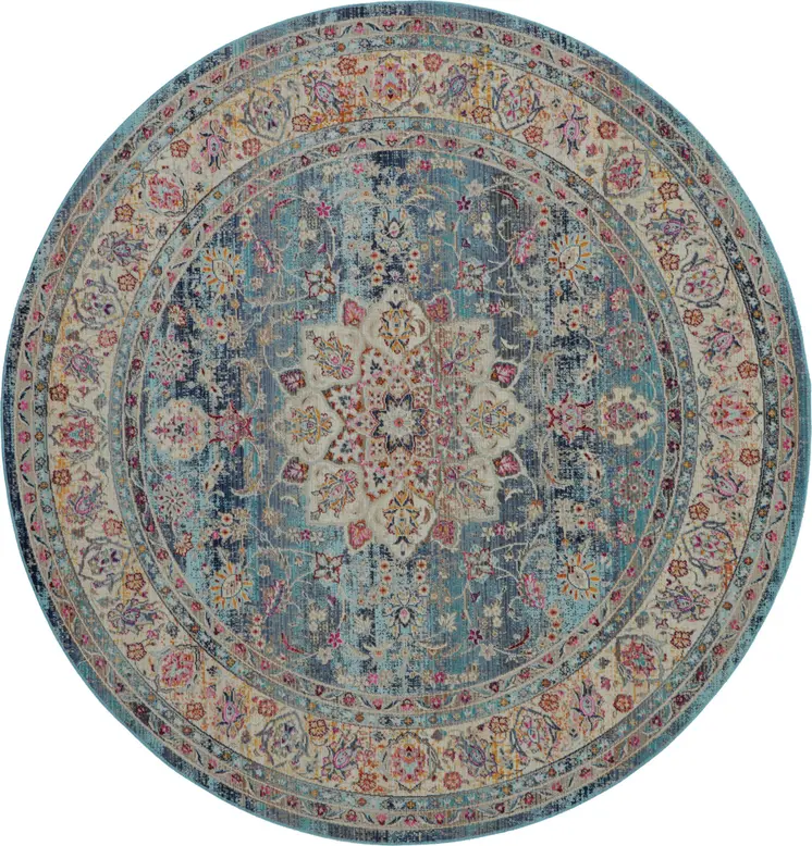 4' Blue And Beige Floral Distressed Round Rug