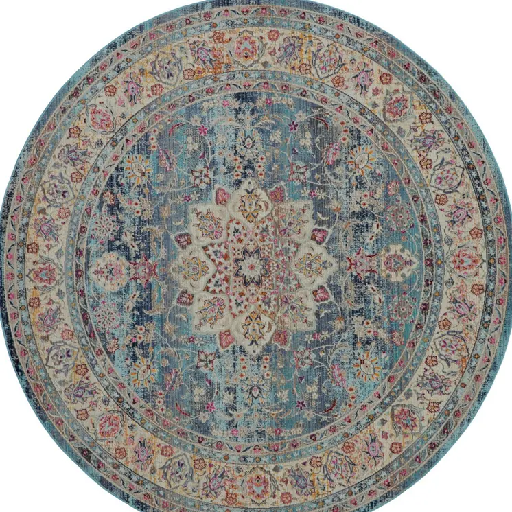 4' Blue And Beige Floral Distressed Round Rug